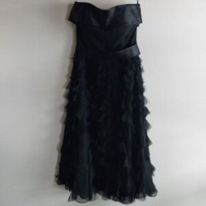 White House Black Market Black 100% Silk Strapless Tiered Ruffled Midi Dress
